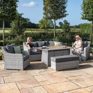 3 Seat Rattan Sofa Dining Set with Fire Pit Table & Weatherproof Cushions