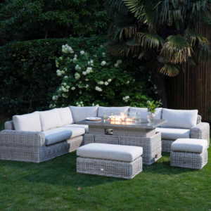 A Bellagio Round Wicker Large Corner Casual Dining Set with Rising Firepit Table, Light Grey