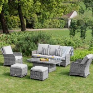 Hampshire 7-Seater Round Wicker Rattan Sofa Set with Rising Table, Light Grey