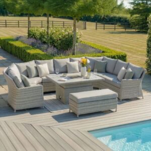 Oxford Royal U-Shaped Rattan Sofa Set with Rising Table - Ceramic Glass