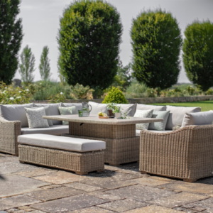 Fairford Rattan L-Shape Sofa with Rectangle Piston Adjustable Height Table, Bench & Chair – Covers Included for Free